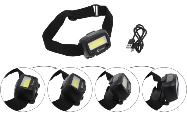 Zwarte hoofdlamp met verstelbare band, rechthoekige behuizing met gelige lens, rode knop en USB-kabel. Daaronder vier ronde detailopnames van de lamp vanuit verschillende hoeken op een witte achtergrond