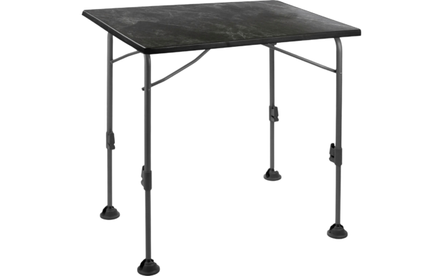 Schwarzer quadratischer Tisch mit Metallbeinen und schwarzen Fußkappen