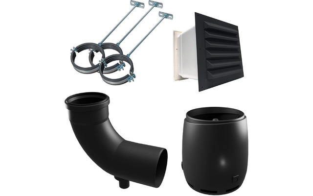 Vier schwarze Kunststoffrohrteile und zwei Metallbänder auf weißem Hintergrund