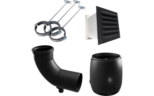 Vier schwarze Kunststoffrohrteile und zwei Metallbänder auf weißem Hintergrund