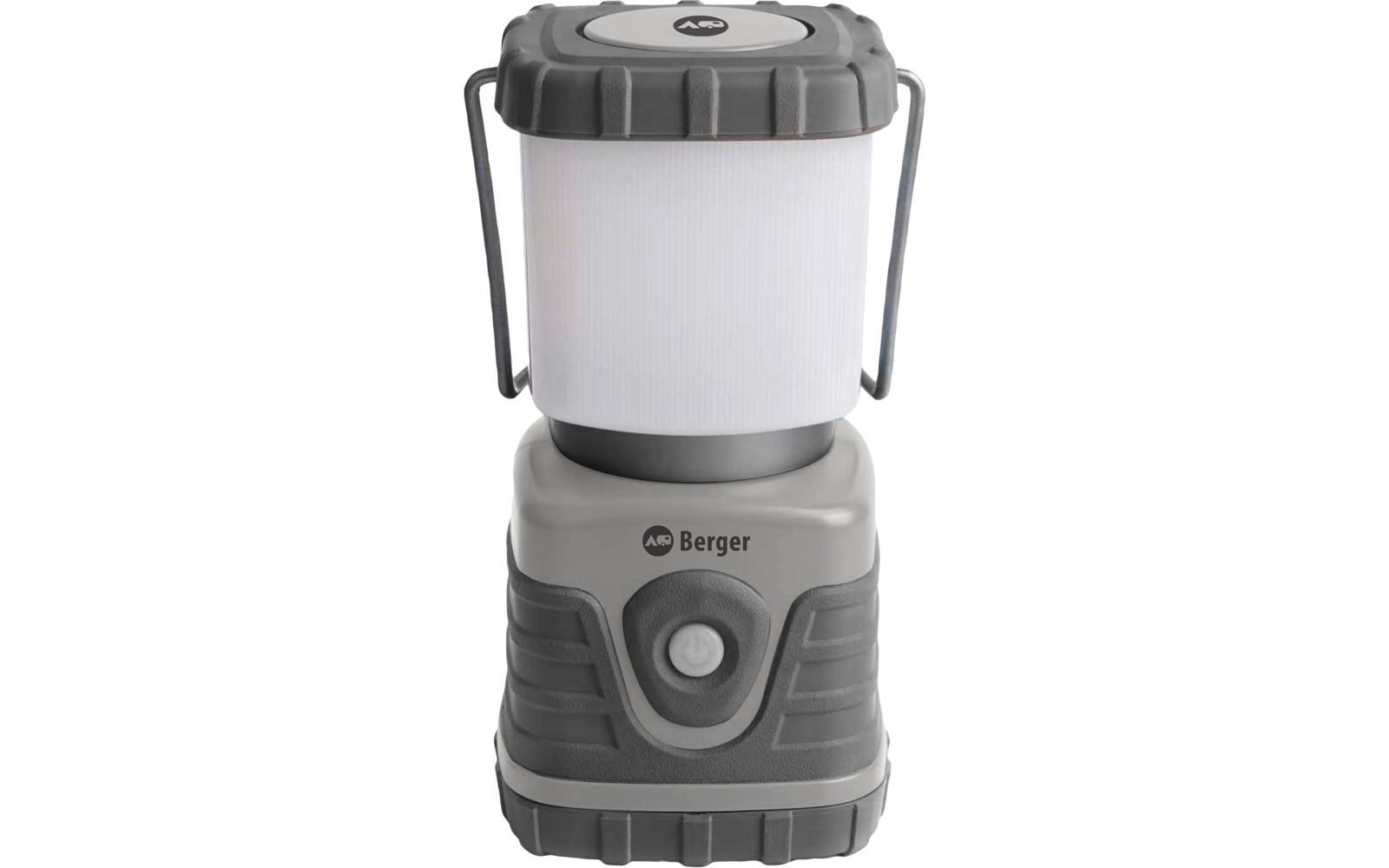 Graue, zylindrische Campinglaterne mit weißem Diffusor, seitlichen Metallbügeln, sichtbarem Einschaltknopf und Markenlogo 'Berger' am Sockel