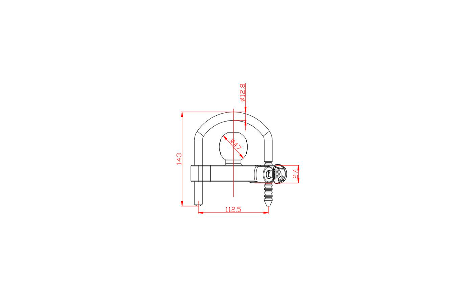 Disegno tecnico in bianco e nero di un rubinetto con beccuccio a U, aeratore rotondo con fori, collegamento a vite e linee di quota rosse con misure