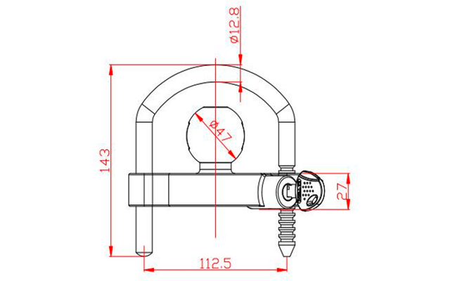 Disegno tecnico in bianco e nero di un rubinetto con beccuccio a U, aeratore rotondo con fori, collegamento a vite e linee di quota rosse con misure
