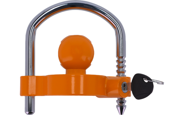 Verrou métallique orange avec anse en U chromée et clé noire insérée
