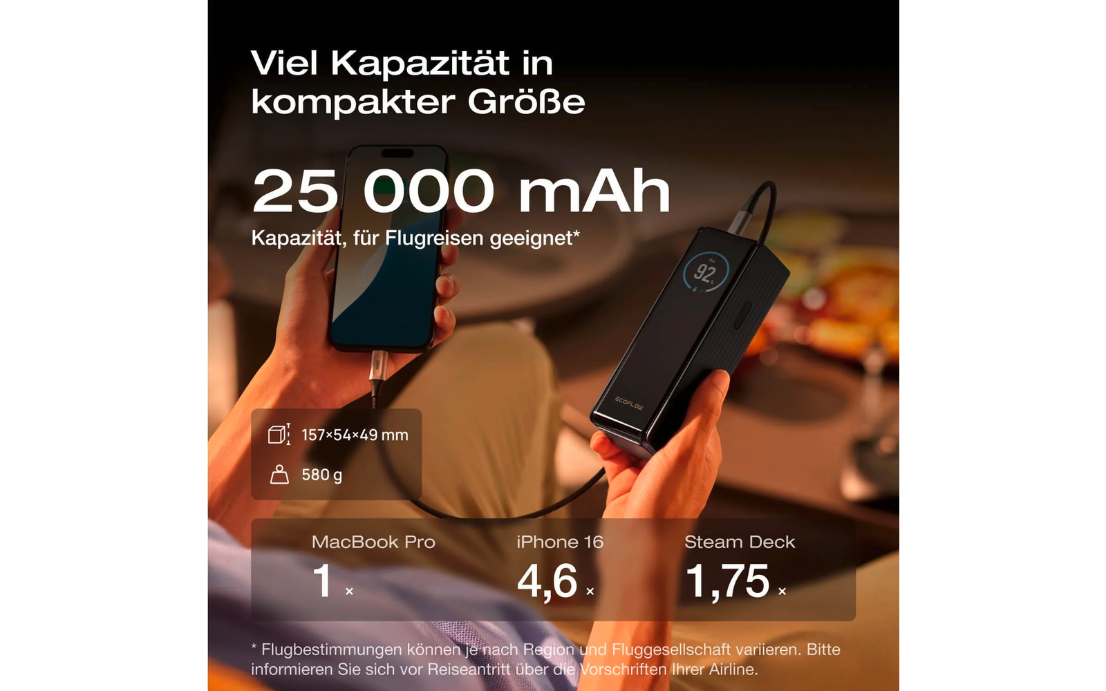 Frau hält ein tragbares Ladegerät mit Anzeige der 25 000 mAh Kapazität und Text in deutscher Sprache