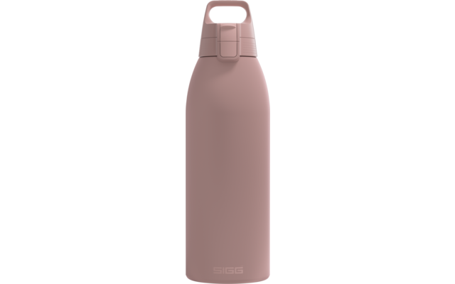 Rosa matte Trinkflasche mit integriertem Griff oben, Klappverschluss und Markenaufdruck "SIGG" am unteren Rand
