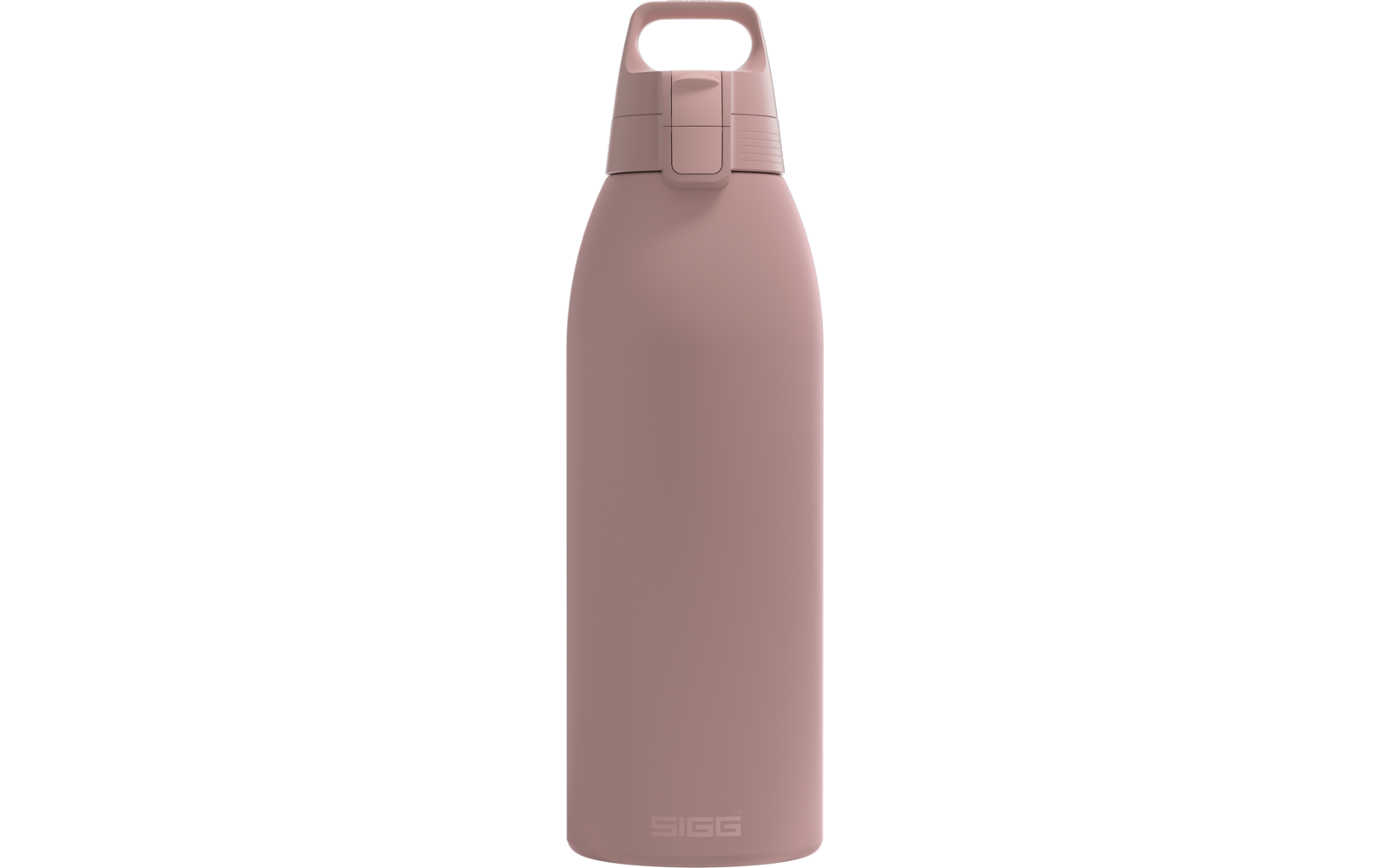 Rosa matte Trinkflasche mit integriertem Griff oben, Klappverschluss und Markenaufdruck "SIGG" am unteren Rand