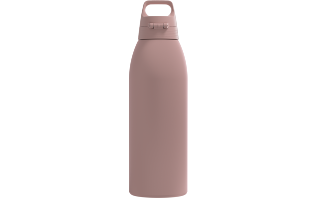 rosa Trinkflasche mit integriertem Henkel im Deckel und kleinem rechteckigem Knopf vorne am Deckel