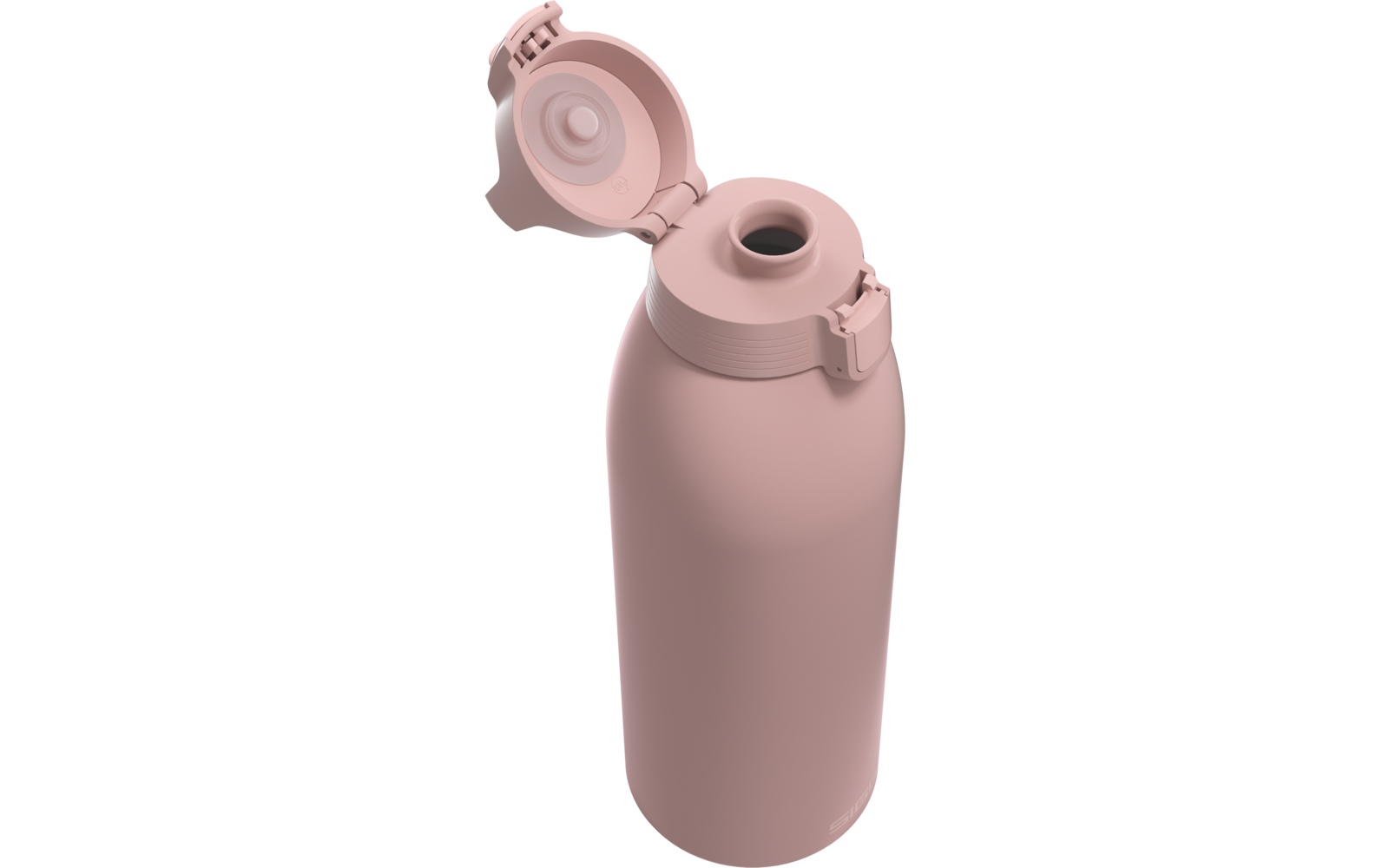 Rosafarbene Trinkflasche mit aufgeklapptem Deckel und sichtbarer Trinköffnung