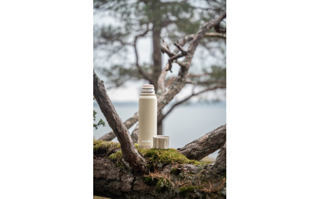 Beige thermosfles met geopende schroefdop op een met mos bedekt boomstam, vervaagde boom en water op de achtergrond