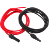 Zwei aufgewickelte Kabel, eines rot und eines schwarz, mit Steckverbindern an den Enden