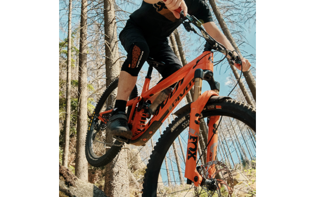 Person in der Luft mit orangefarbenem Mountainbike zwischen Bäumen; sichtbare Knieprotektoren, Hände am Lenker, Vordergabel mit FOX-Logo