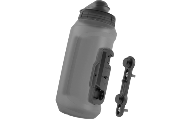 Plastic sports water bottle with drinking spout and removable side mounting clip, next to a separate mounting strip on a vertical tube