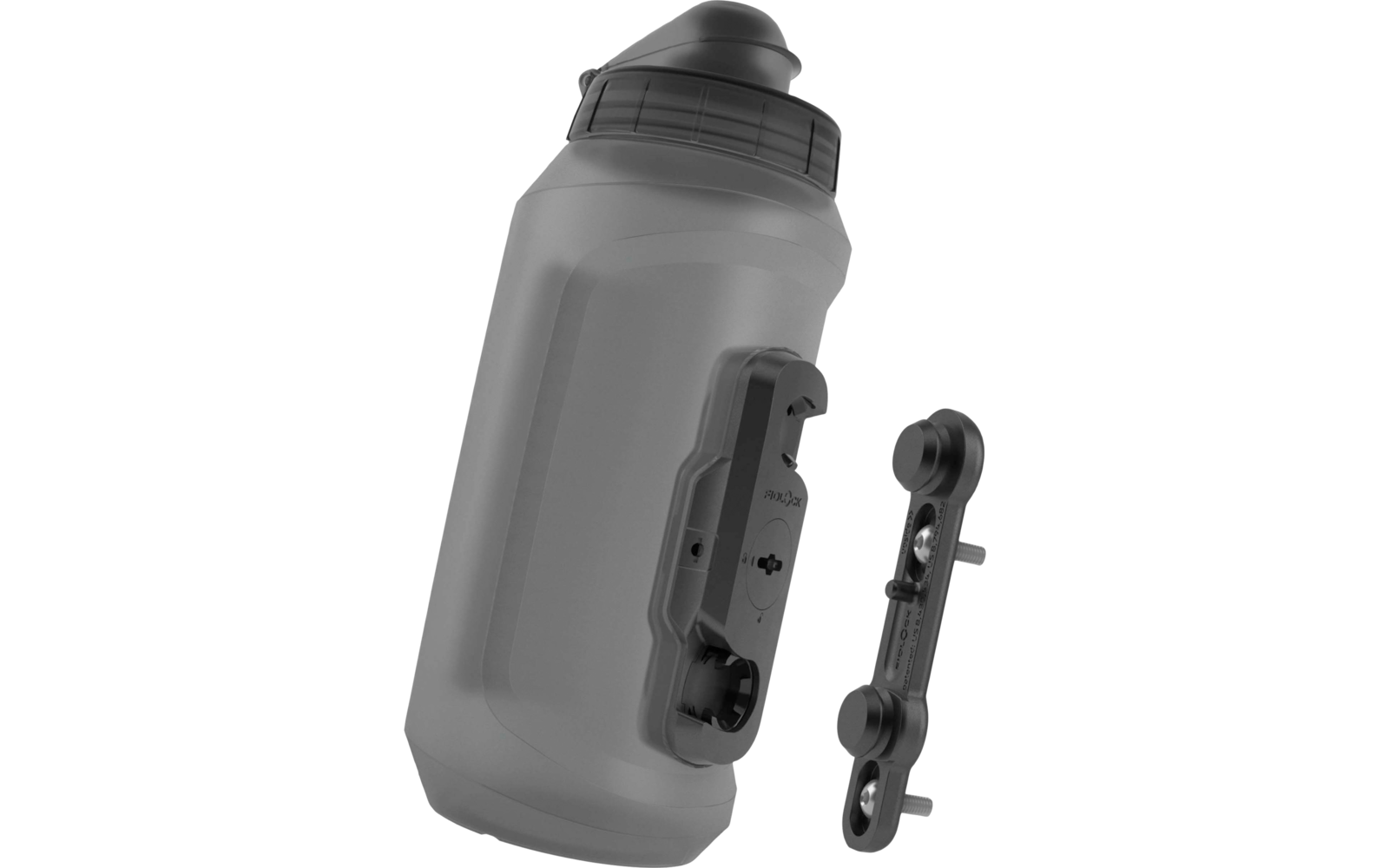 Plastic sports water bottle with drinking spout and removable side mounting clip, next to a separate mounting strip on a vertical tube