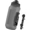 Plastic sports water bottle with drinking spout and removable side mounting clip, next to a separate mounting strip on a vertical tube