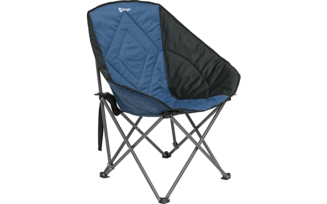 Faltbarer Campingstuhl mit blauem Bezug und silbernem Metallgestell