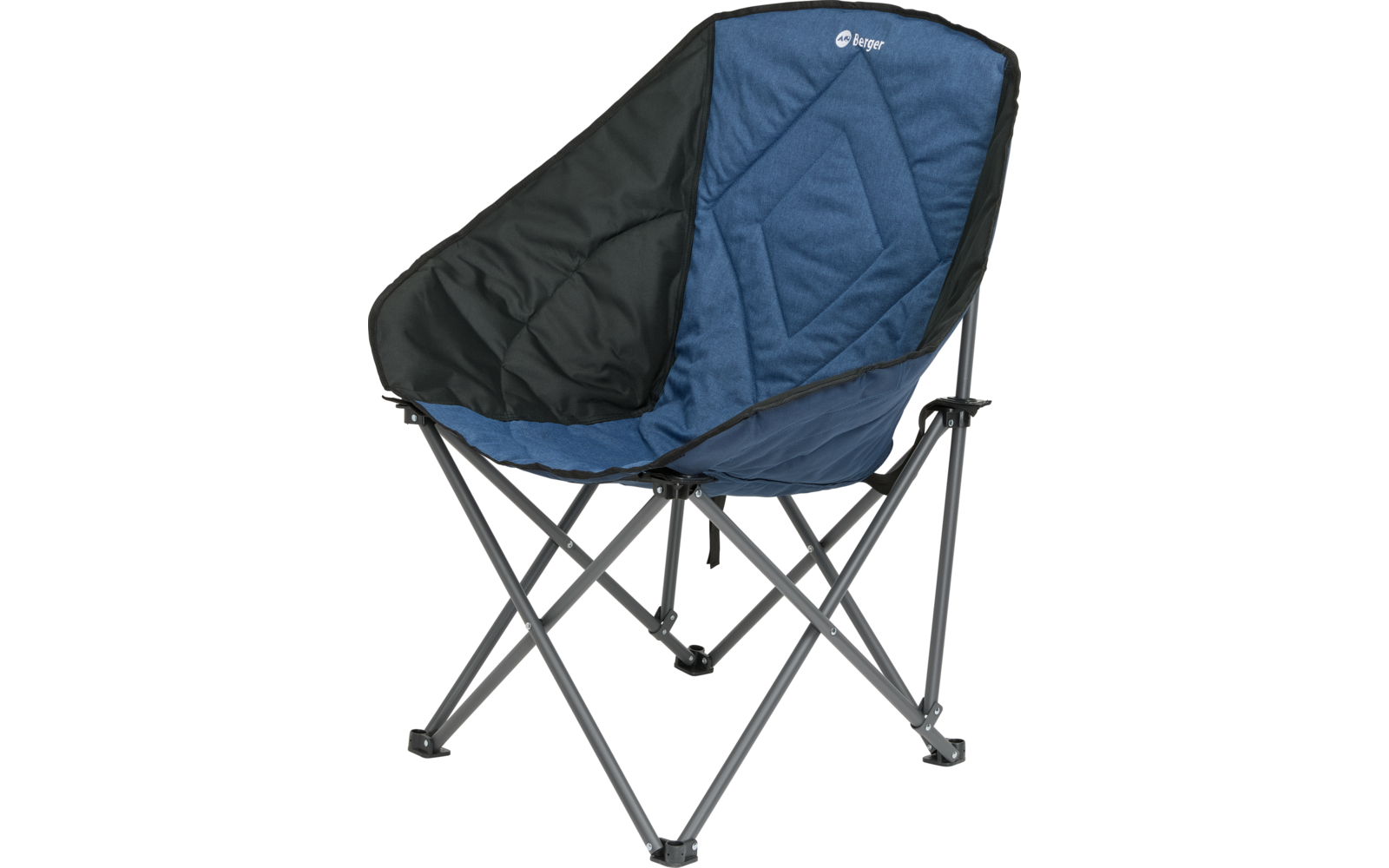 Runder, blauer Klappstuhl mit schwarzer Sitzfläche und grauem Metallgestell