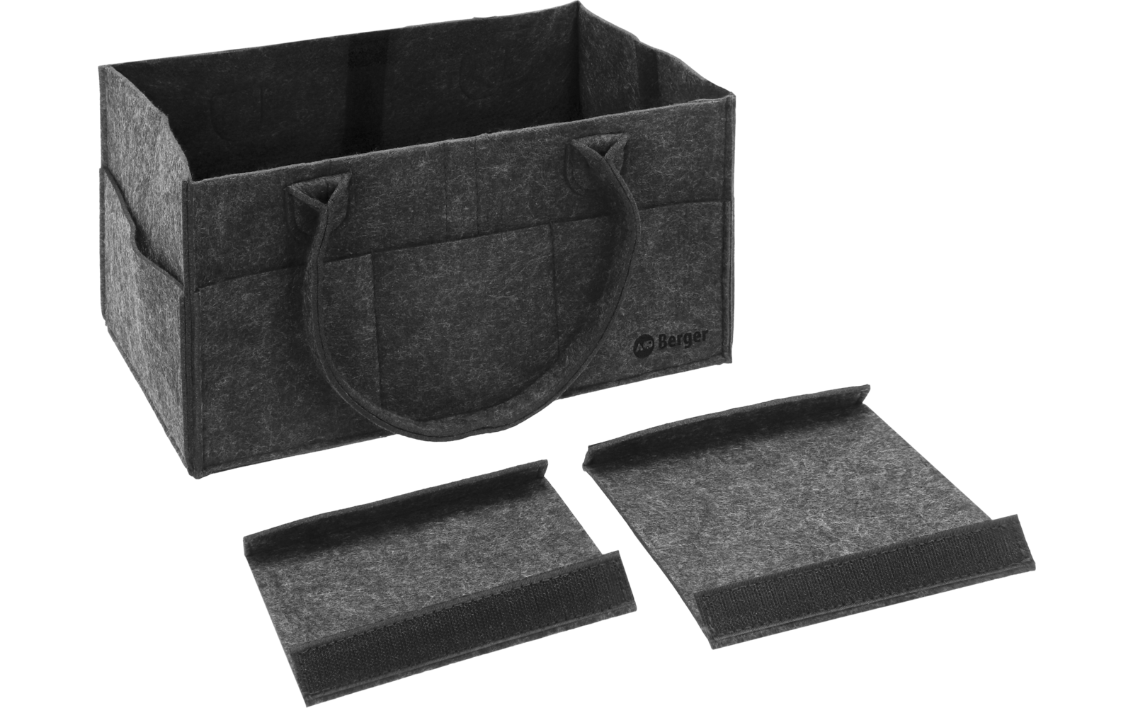 Dunkelgraue rechteckige Filzbox mit zwei losen Trennwänden mit Klettstreifen und zwei Griffen