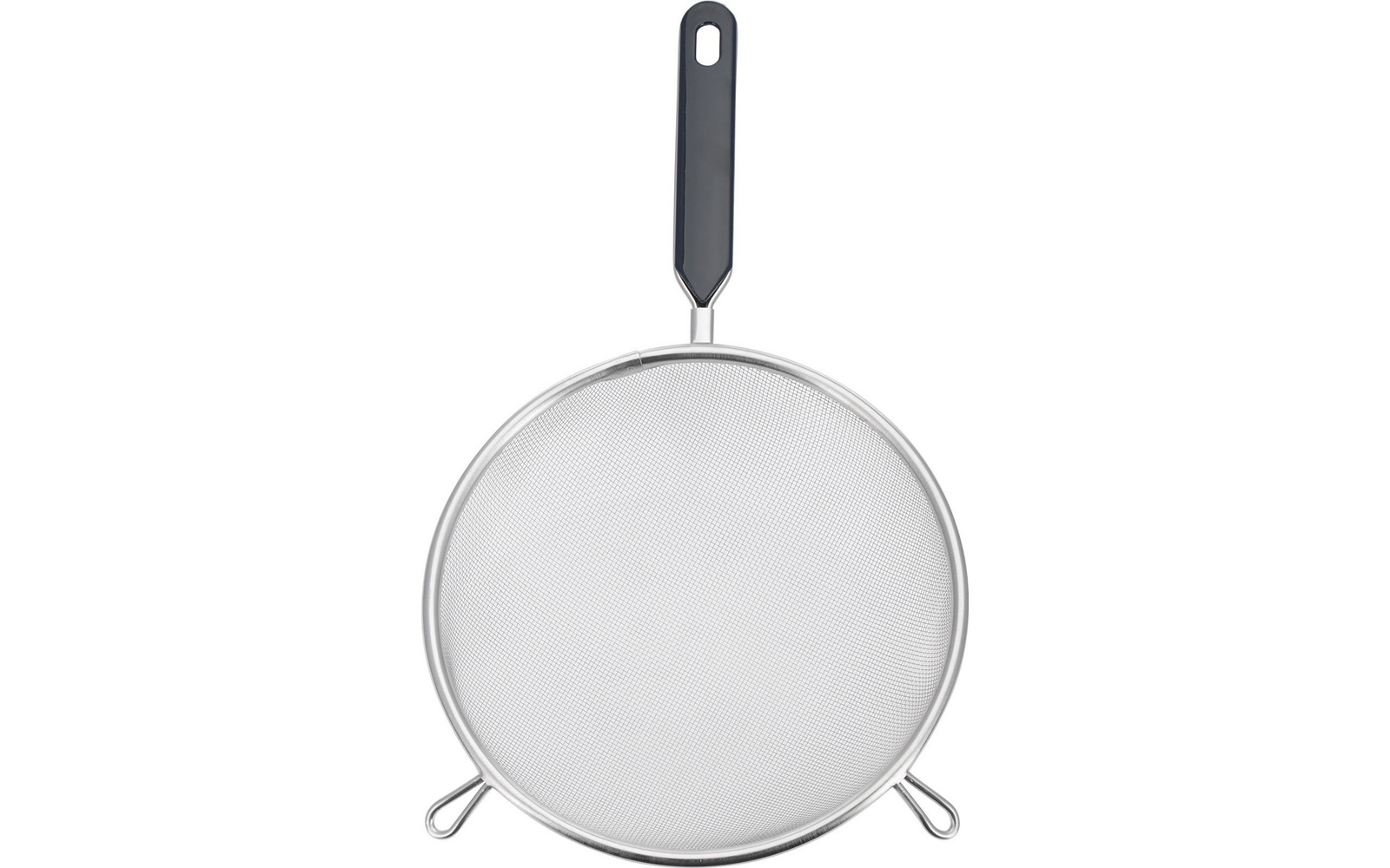 Rundes Metallgitter mit Edelstahlrand, schwarzem Kunststoffgriff mit Loch und zwei abgewinkelten Metallfüßchen