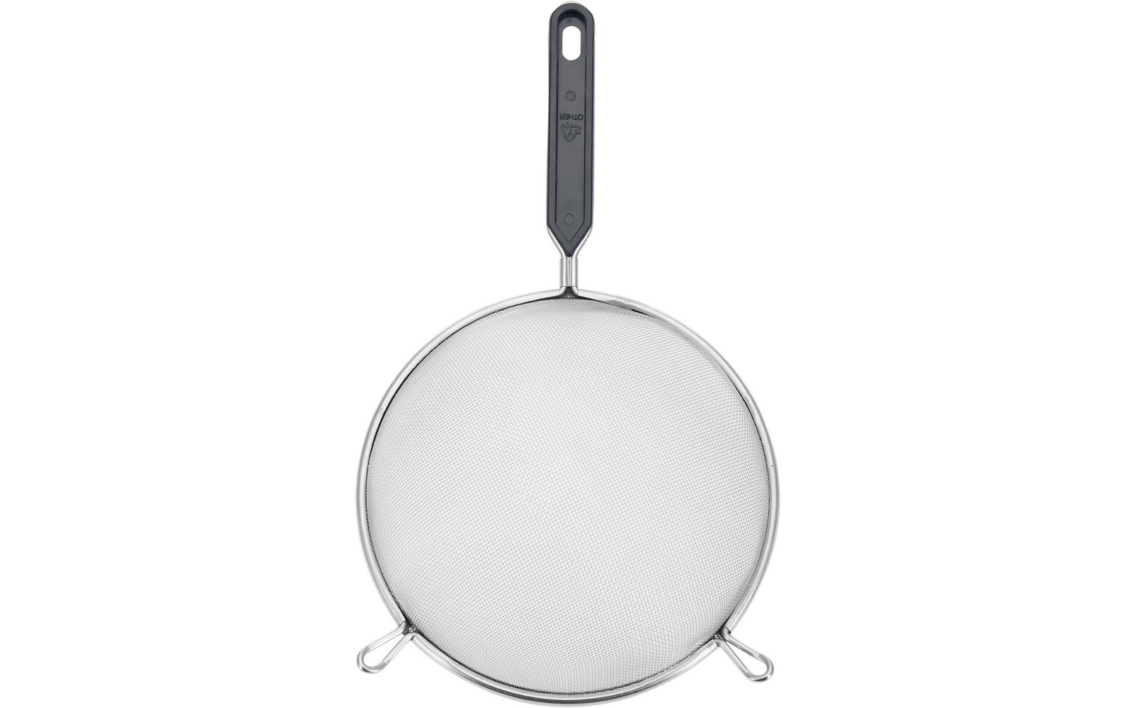 Rundes, feinmaschiges Metallsieb mit schwarzem Griff und zwei kleinen Standfüßen