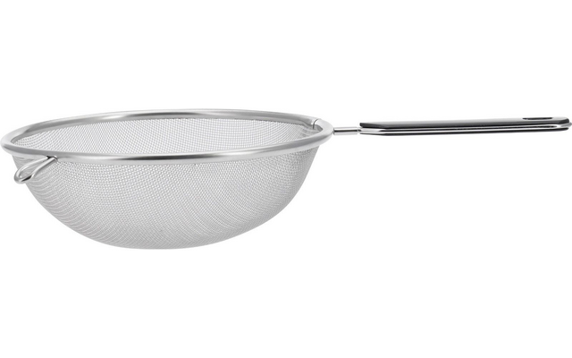 Rundes feinmaschiges Metallsieb mit Metallrand, langem Griff und kleinem Auflagehaken