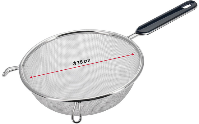 Rundes Metall-Sieb mit feinmaschigem Netz, rotem Doppelpfeil und Beschriftung 'Ø 18 cm', langem schwarzem Griff und zwei Auflagehaken