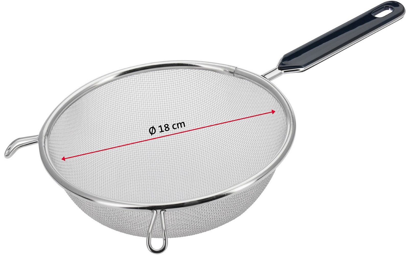 Rundes Metall-Sieb mit feinmaschigem Netz, rotem Doppelpfeil und Beschriftung 'Ø 18 cm', langem schwarzem Griff und zwei Auflagehaken