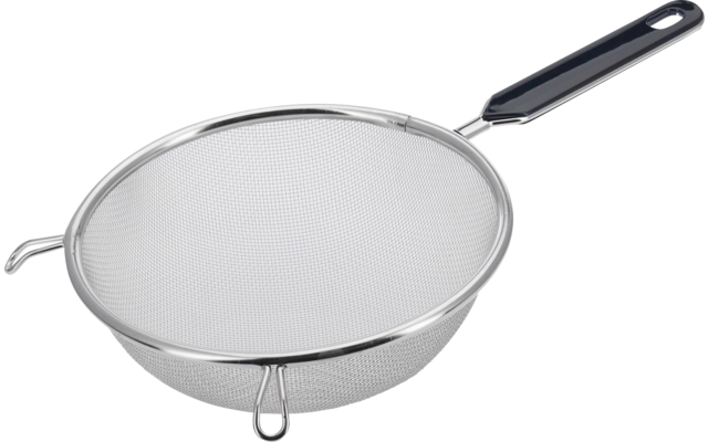 Rundes Metallsieb mit feinem Drahtgeflecht, langem schwarzen Griff und zwei kleinen Metallfüßchen