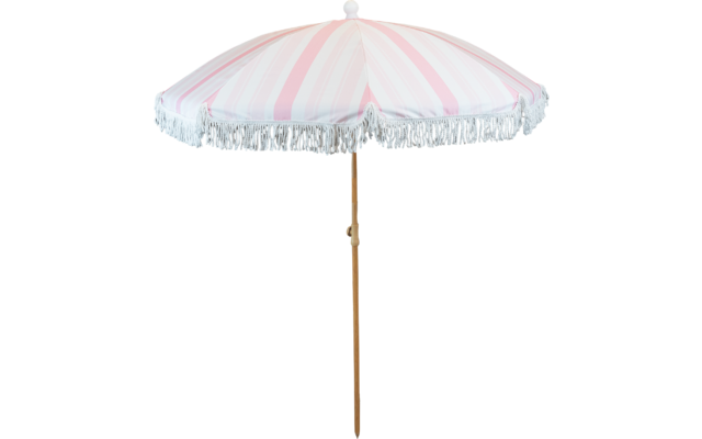 Runder Sonnenschirm mit rosa-weiß gestreiftem Stoff, weißen Fransen und Holzstange