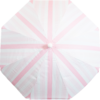 Draufsicht auf einen geöffneten Schirm mit hellrosa und weißen radialen Streifen, achteckig, mit zentralem Knopf