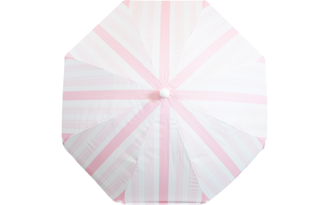 Draufsicht auf einen geöffneten Schirm mit hellrosa und weißen radialen Streifen, achteckig, mit zentralem Knopf
