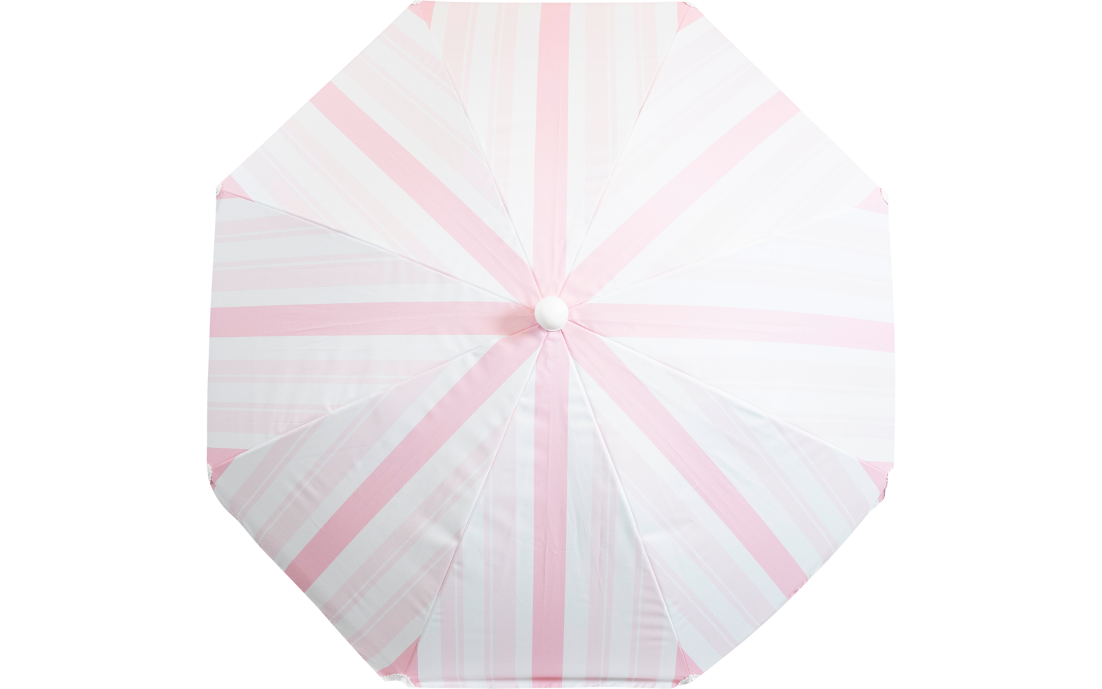 Draufsicht auf einen geöffneten Schirm mit hellrosa und weißen radialen Streifen, achteckig, mit zentralem Knopf