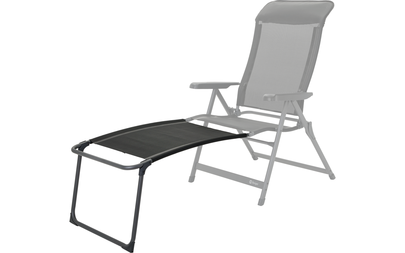 Schwarzer Klappstuhl mit gepolstertem Sitz und Fußstütze