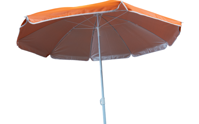 Oranger Sonnenschirm mit weißem Metallstiel, Unterseite und Gestänge sichtbar