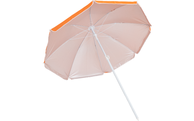 Rosa Sonnenschirm mit orangefarbener Kante und weißem Stiel vor weißem Hintergrund