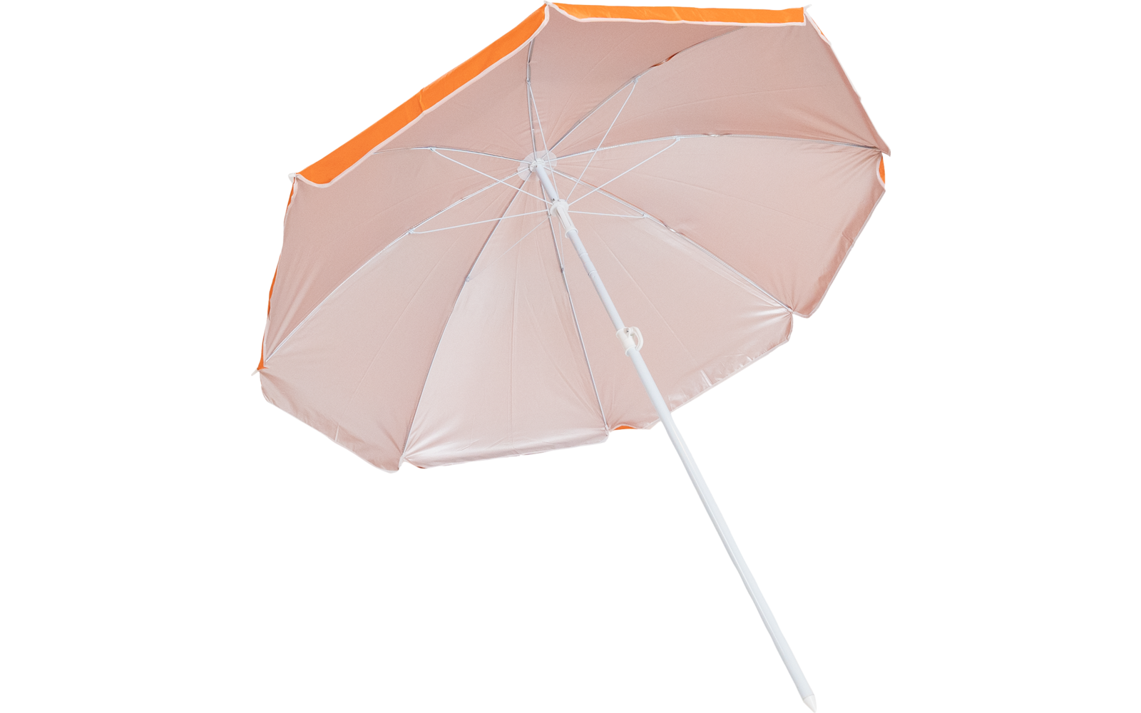 Rosa Sonnenschirm mit orangefarbener Kante und weißem Stiel vor weißem Hintergrund
