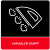 Weißes Bügeleisen-Symbol mit drei Dampfwolken auf schwarzem Quadrat; roter Balken unten mit weißem Text 'VARIABLER DAMPF'