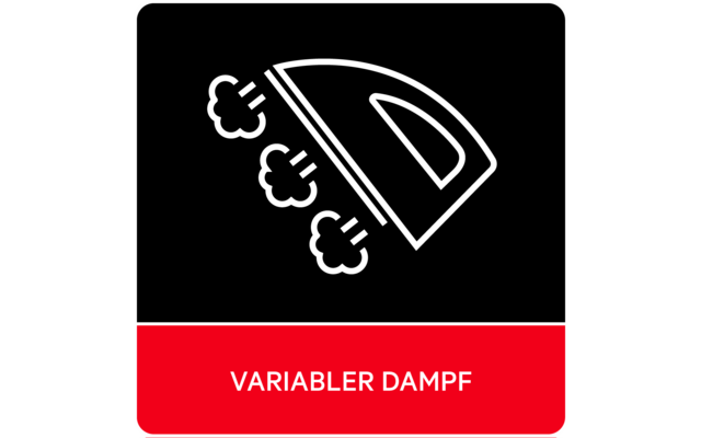 Weißes Bügeleisen-Symbol mit drei Dampfwolken auf schwarzem Quadrat; roter Balken unten mit weißem Text 'VARIABLER DAMPF'