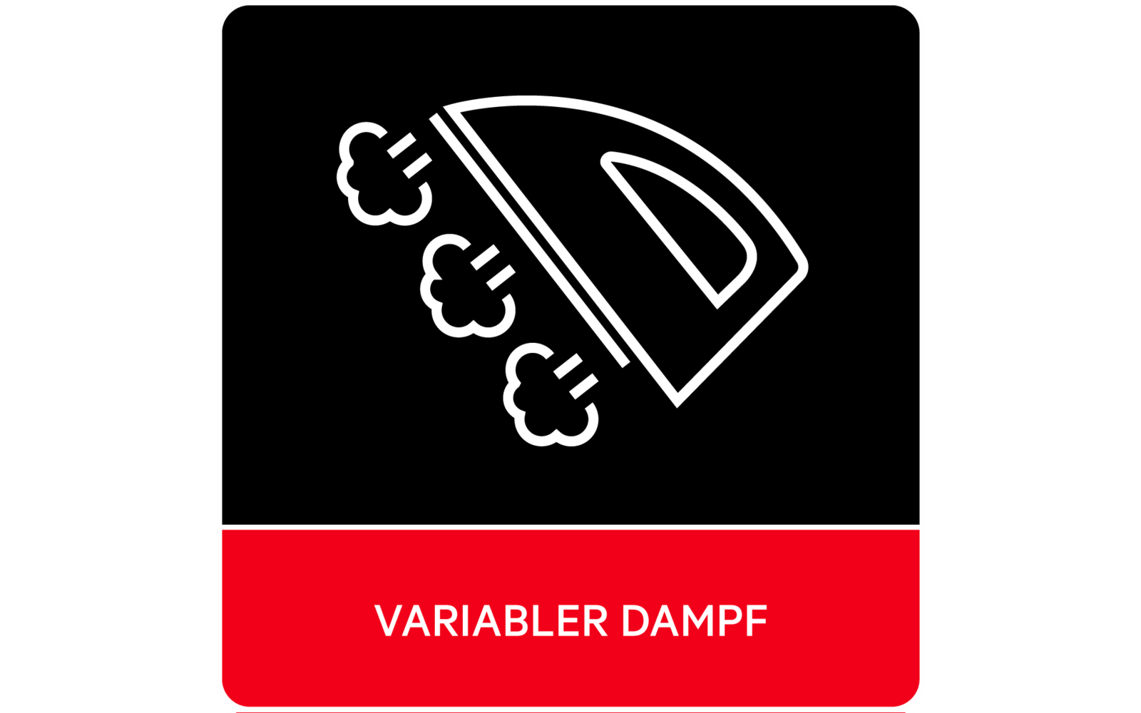 Weißes Bügeleisen-Symbol mit drei Dampfwolken auf schwarzem Quadrat; roter Balken unten mit weißem Text 'VARIABLER DAMPF'
