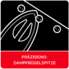 Grafisches Symbol einer Bügelspitze mit drei kleinen Kreisen auf schwarzem Hintergrund, rotes Feld unten mit weißem Text 'PRÄZISIONS-DAMPFBÜGELSPITZE'