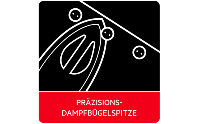 Grafisches Symbol einer Bügelspitze mit drei kleinen Kreisen auf schwarzem Hintergrund, rotes Feld unten mit weißem Text 'PRÄZISIONS-DAMPFBÜGELSPITZE'