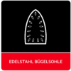 Weißes Bügelsohlen-Symbol mit ovalen Dampflöchern auf schwarzem Hintergrund; rotes Feld unten mit weißer Schrift 'EDELSTAHL BÜGELSOHLE'