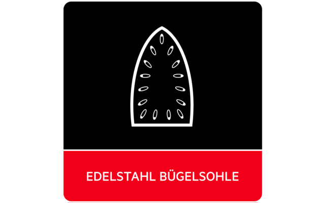 Weißes Bügelsohlen-Symbol mit ovalen Dampflöchern auf schwarzem Hintergrund; rotes Feld unten mit weißer Schrift 'EDELSTAHL BÜGELSOHLE'