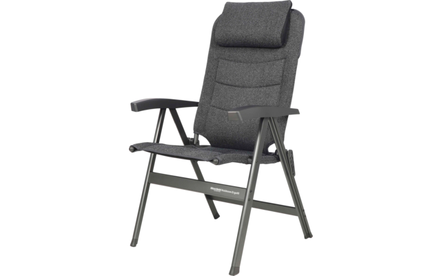 Grau gepolsterter Klappstuhl mit Kopfstütze, Stoffbezug, Armlehnen und Metallgestell