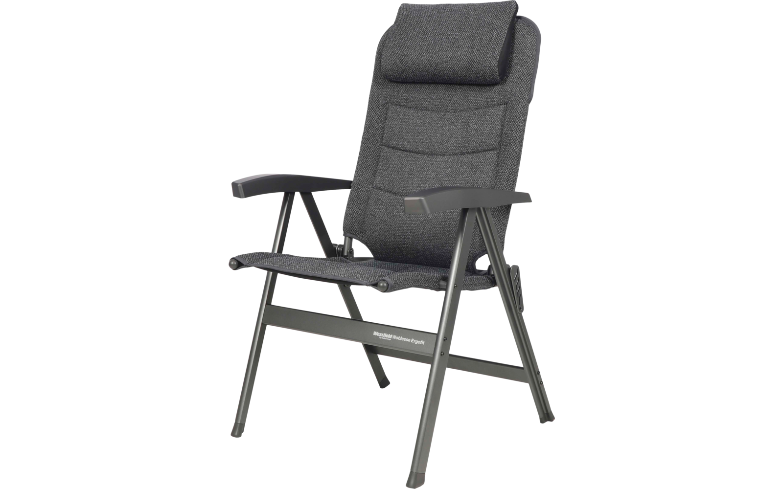 Grau gepolsterter Klappstuhl mit Kopfstütze, Stoffbezug, Armlehnen und Metallgestell