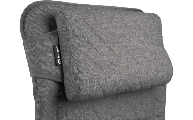 Gepolstertes graues Kissen mit Riemen, befestigt an einem grauen Rückenpolster mit Steppmuster