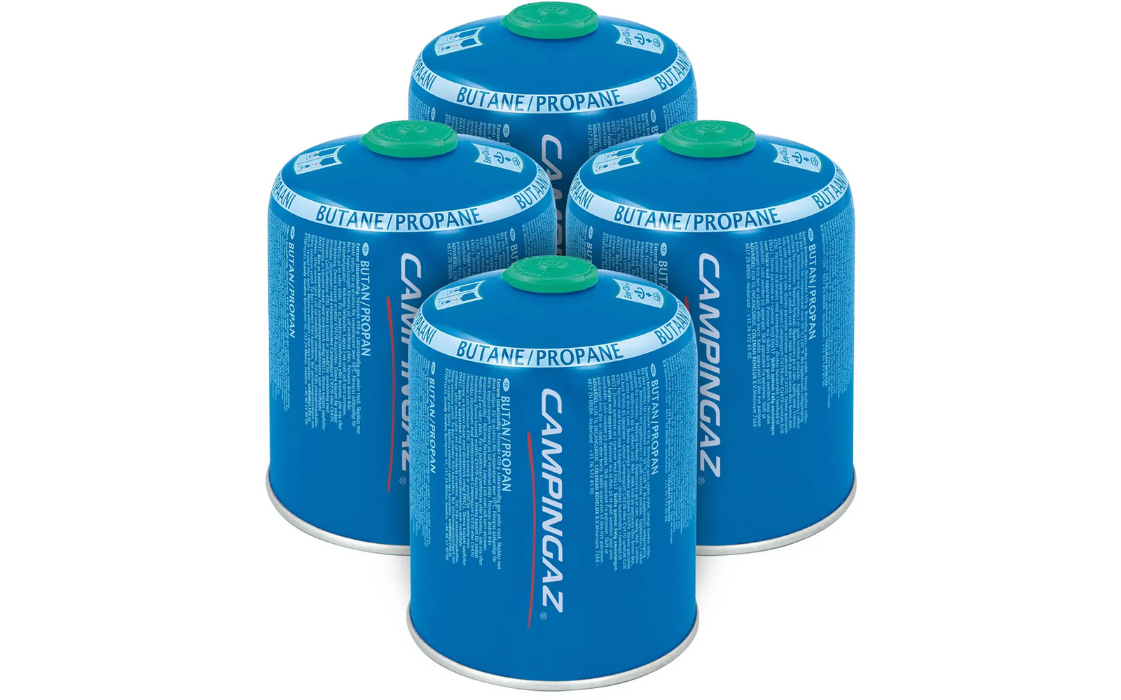 Vier blaue Gas-Kartuschen mit grünem Ventildeckel, beschriftet mit 'Campingaz' und 'Butane/Propane'