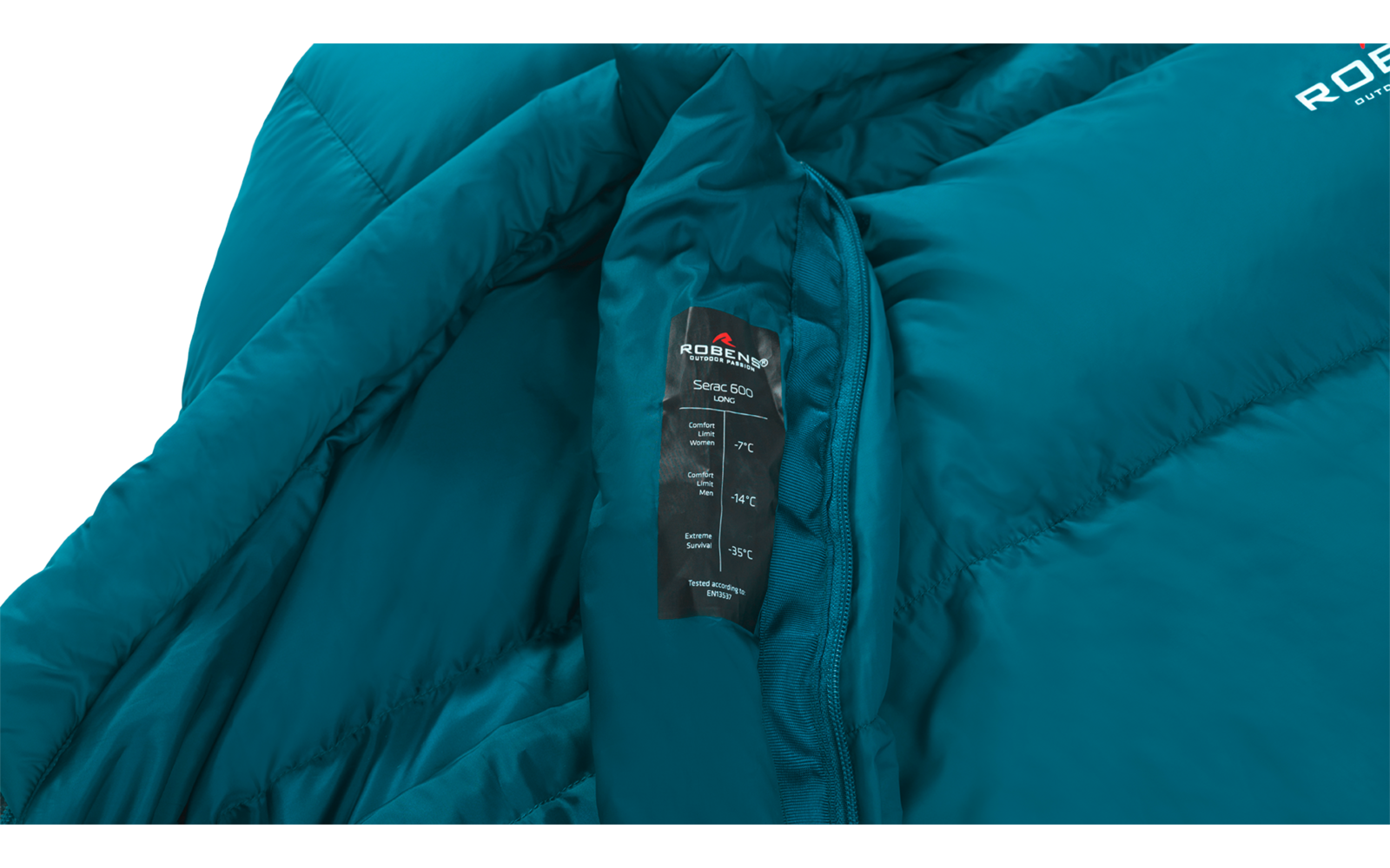 Close-up van een turquoise doorgestikte jas, voorkant geopend, zichtbaar binnenlabel