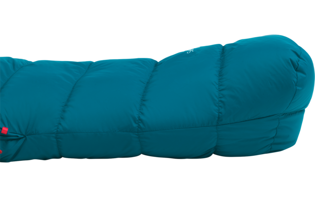 Turkooizen gewatteerde langwerpige stof met afgerond hoofddeel en klein rood bandje