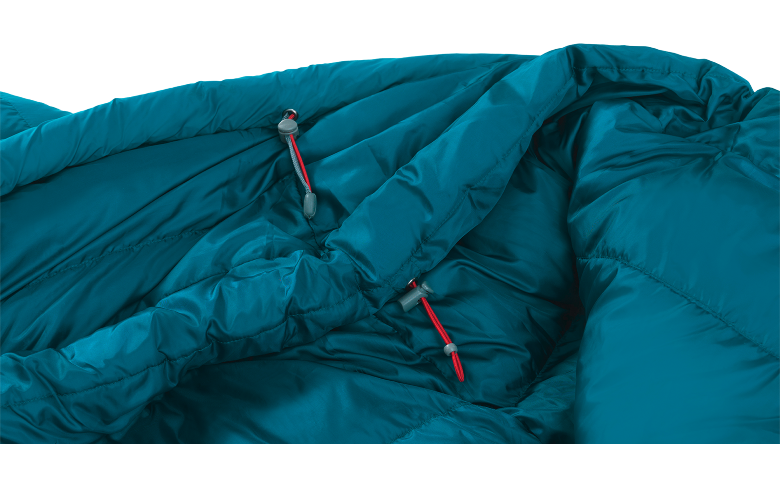 Turquoise doorgestikte isolerende stof met twee rode koorden en zwarte kunststofstoppers